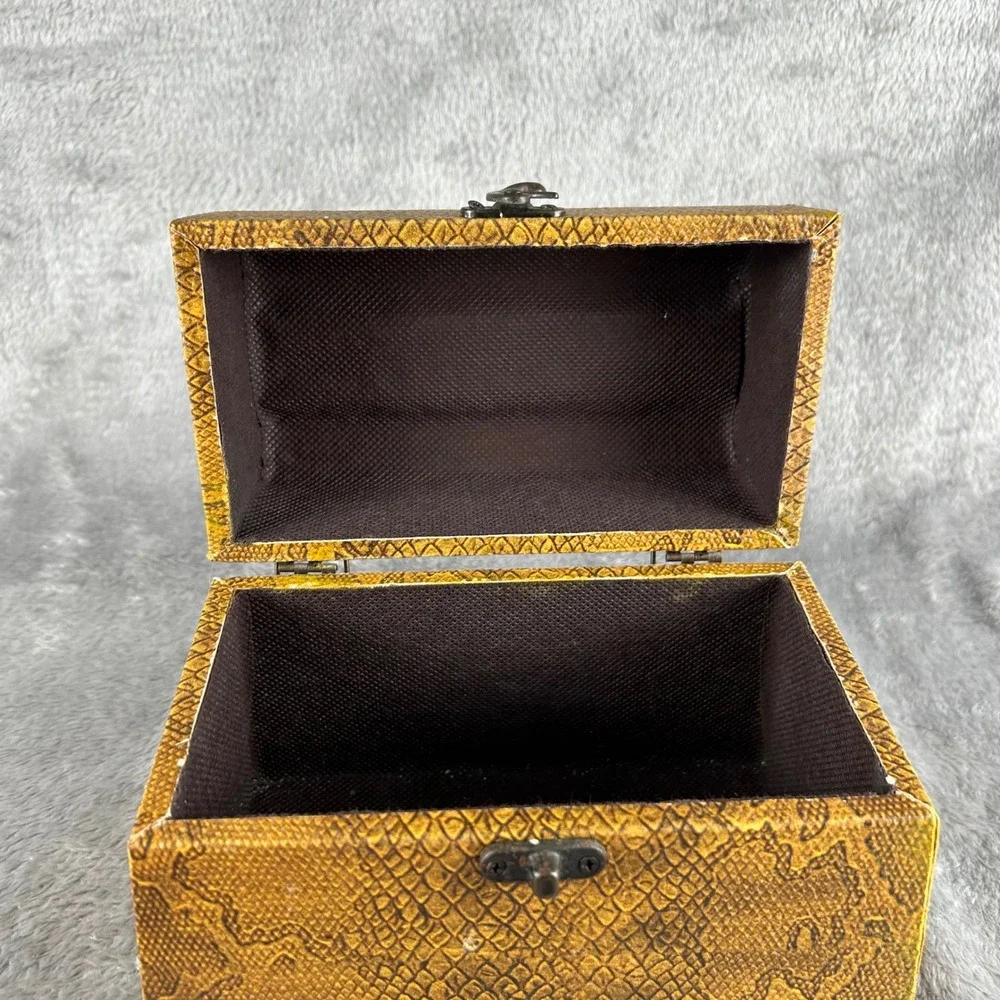 Vintage Snakeskin Embossed Treasure Chest Jewelry Box Bronze Handle Latch Yellow